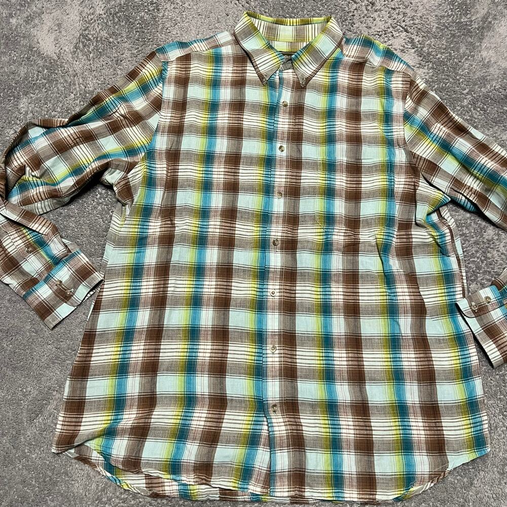 Eddie Bauer Shirt Mens XL Tall Linen Blend India Made Plaid Long Sleeve